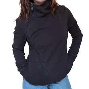 Orb Asymmetrical Side Full Zip Up Black Mockneck Sweater Kangaroo Pocket Casual